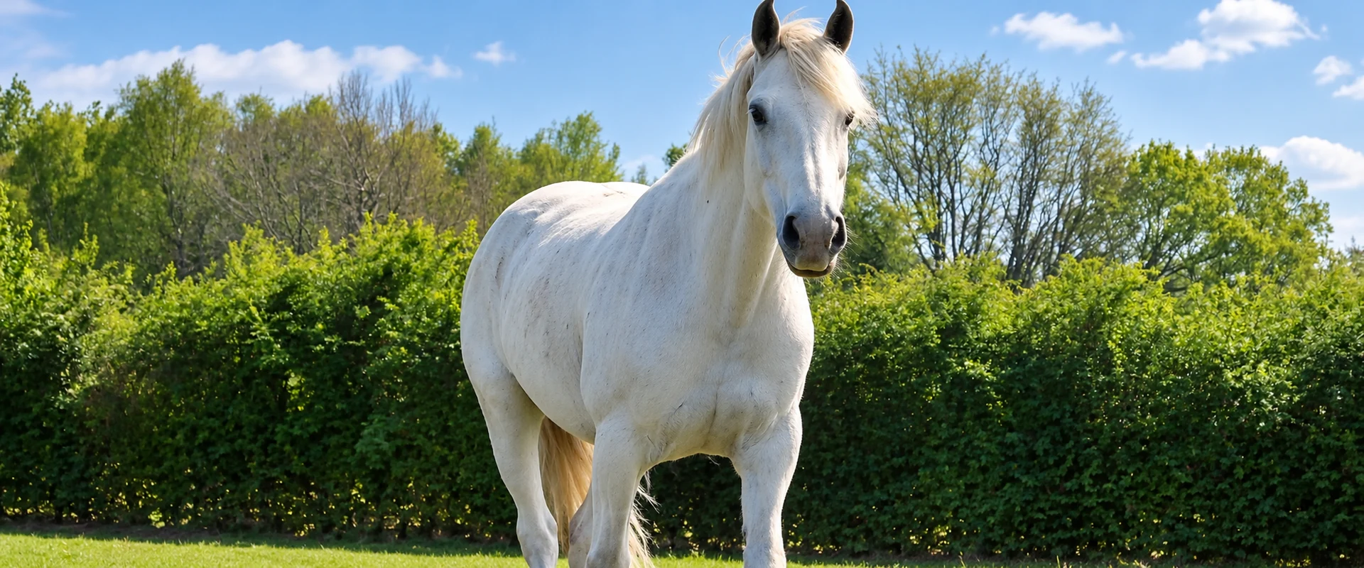 A white-grey horse in the green paddocks at Ardenvale Farm